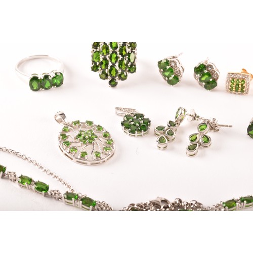 104 - A group of silver and chrome diopside jewellery, including a silver and chrome diopside drop pendant... 