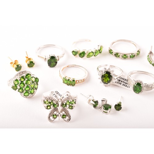 105 - A silver and chrome diopside butterfly ring, together with eight further silver and chrome diopside ... 