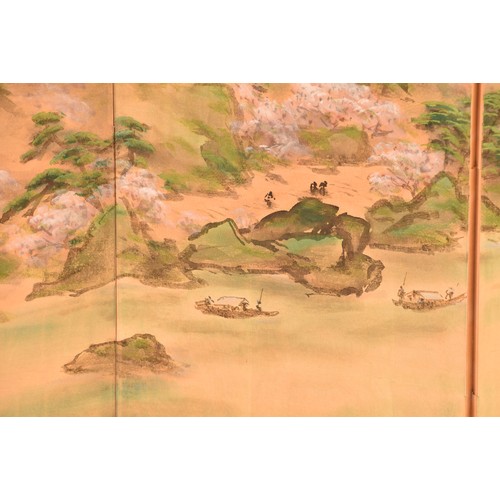 53 - A Japanese silk table top or wall hanging four fold screen, painted with an extensive landscape scen... 