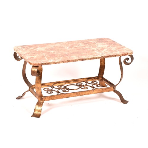 291 - A 1970s marble topped and gilt coffee table, the pink veined marble top supported on a gilt base wit... 