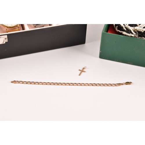 108 - A 9ct gold curblink bracelet, together with a 9ct gold cross pendant, and a quantity of costume jewe... 