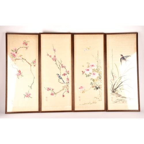 54 - A set of four Japanese hand painted silk pictures of birds and flowers, each 62.7 x 24.8cm, together... 