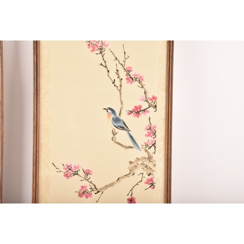 54 - A set of four Japanese hand painted silk pictures of birds and flowers, each 62.7 x 24.8cm, together... 