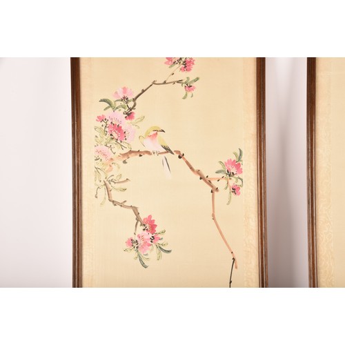 54 - A set of four Japanese hand painted silk pictures of birds and flowers, each 62.7 x 24.8cm, together... 