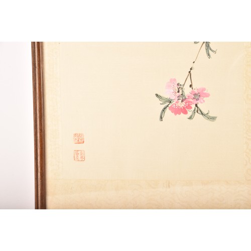 54 - A set of four Japanese hand painted silk pictures of birds and flowers, each 62.7 x 24.8cm, together... 