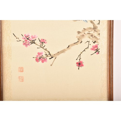 54 - A set of four Japanese hand painted silk pictures of birds and flowers, each 62.7 x 24.8cm, together... 