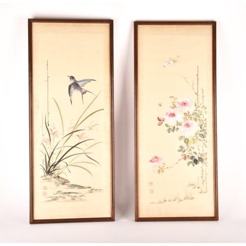 54 - A set of four Japanese hand painted silk pictures of birds and flowers, each 62.7 x 24.8cm, together... 