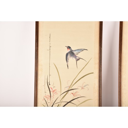 54 - A set of four Japanese hand painted silk pictures of birds and flowers, each 62.7 x 24.8cm, together... 