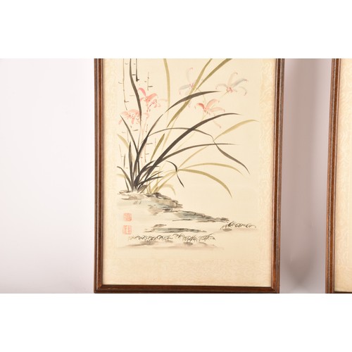 54 - A set of four Japanese hand painted silk pictures of birds and flowers, each 62.7 x 24.8cm, together... 