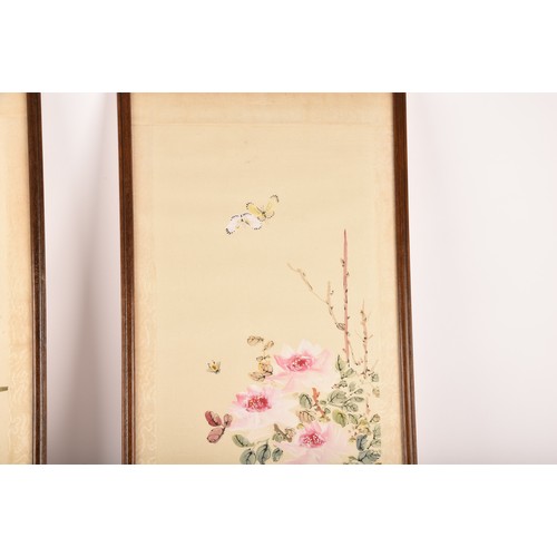 54 - A set of four Japanese hand painted silk pictures of birds and flowers, each 62.7 x 24.8cm, together... 