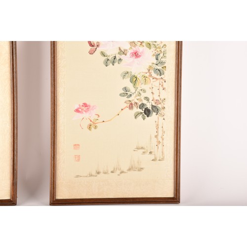 54 - A set of four Japanese hand painted silk pictures of birds and flowers, each 62.7 x 24.8cm, together... 