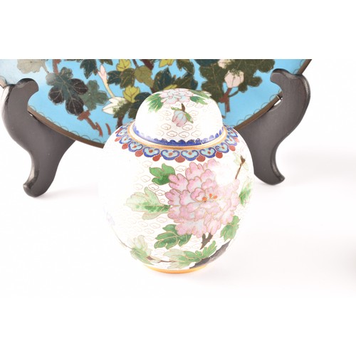 56 - A group of Japanese cloisonné items including a vase decorated with birds and flowers, 31cm, a blue ... 