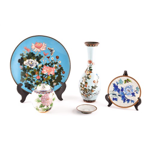 56 - A group of Japanese cloisonné items including a vase decorated with birds and flowers, 31cm, a blue ... 