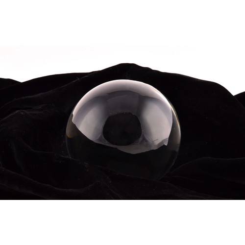 275 - Asprey crystal ball with stand, accompanied by black velvet blanket, ball measures 10cm.