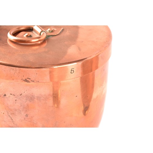 249 - A group of three Victorian copper jelly moulds with lids, each 12 x 10.5cm.