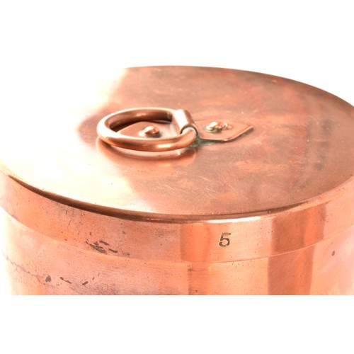 249 - A group of three Victorian copper jelly moulds with lids, each 12 x 10.5cm.