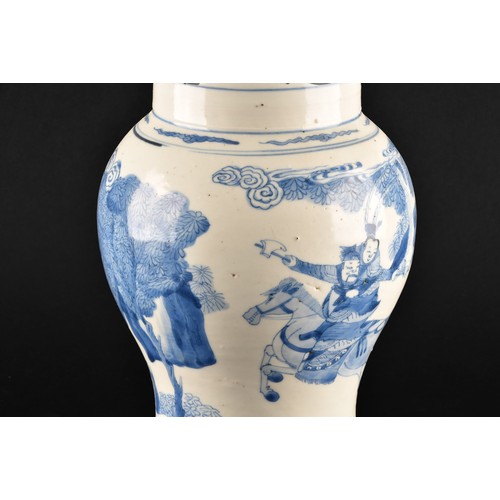 1 - A large Chinese Kangxi blue and white baluster vase, decorated with scenes of warriors and figures o... 