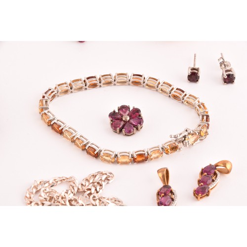 115 - A group of silver and gem set jewellery, to include a silver gilt and orange citrine line bracelet, ... 