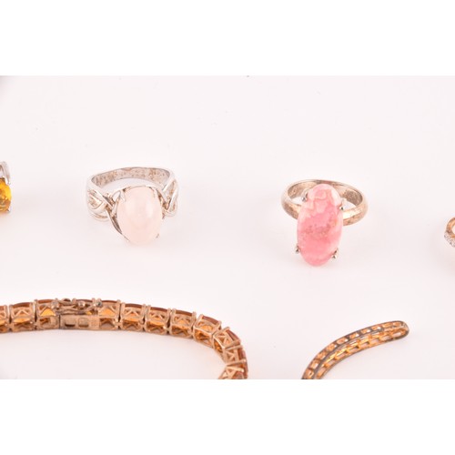 115 - A group of silver and gem set jewellery, to include a silver gilt and orange citrine line bracelet, ... 