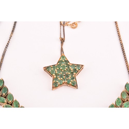 118 - A silver gilt and emerald pendant necklace set with mixed marquise-shaped emeralds, together with a ... 