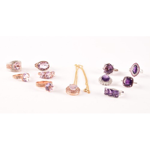 121 - A group of silver and amethyst jewellery items, including a pear-cut amethyst pendant, a chequerboar... 