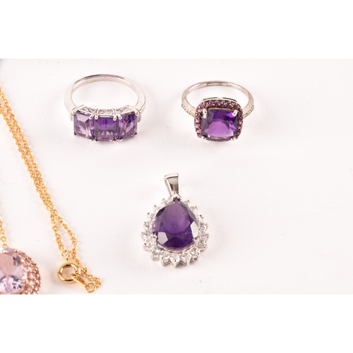 121 - A group of silver and amethyst jewellery items, including a pear-cut amethyst pendant, a chequerboar... 