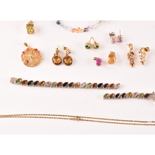 122 - A small group of silver and gemstone jewellery, including a silver gilt and multi-coloured sapphire ... 