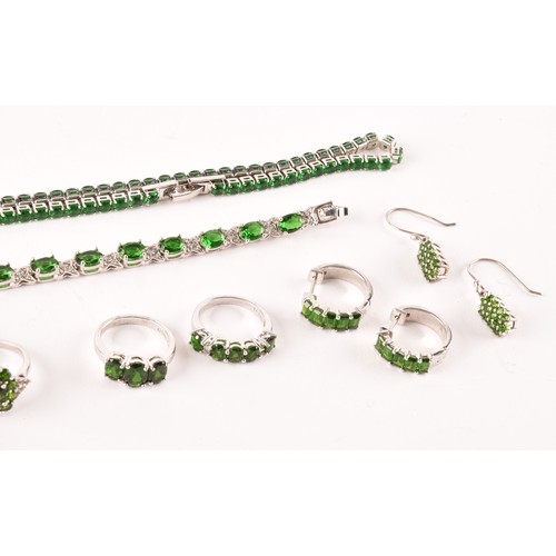 123 - A group of silver and Russian chrome diopside jewellery items, including a line bracelet set with mi... 