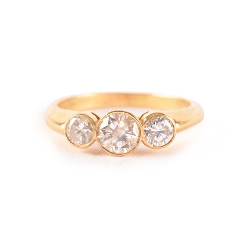 133 - A yellow gold and diamond ring, set with three round brilliant-cut diamonds of approximately 1.20 ca... 