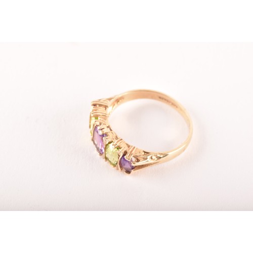 138 - A 9ct yellow gold, amethyst, and peridot ring, set with five alternating mixed oval-cut stones, size... 