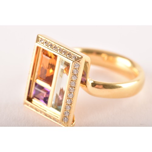 145 - An Andrew Geoghenan 18ct yellow gold rectangular cluster ring, featuring a step-cut citrine, amethys... 