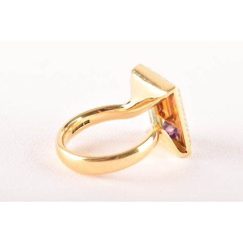 145 - An Andrew Geoghenan 18ct yellow gold rectangular cluster ring, featuring a step-cut citrine, amethys... 