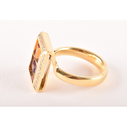 145 - An Andrew Geoghenan 18ct yellow gold rectangular cluster ring, featuring a step-cut citrine, amethys... 