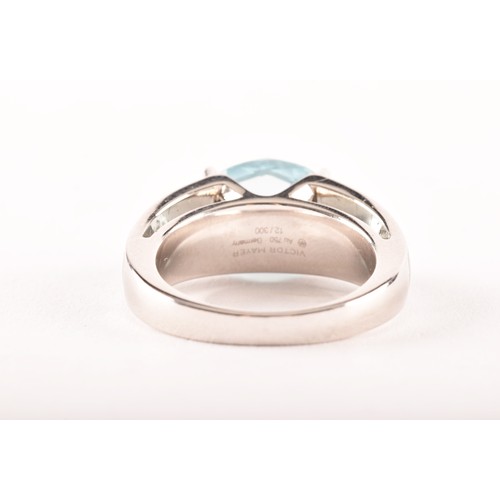 146 - A Victor Mayer 18ct white gold peacock ring, featuring a horizontally set oval checkerboard cut aqua... 