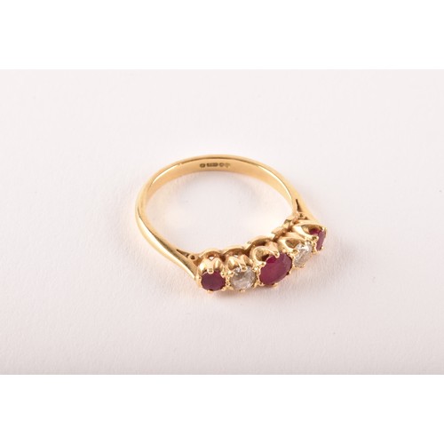 153 - An 18ct yellow gold, diamond, and ruby ring, set with three mixed round-cut rubies, the largest meas... 