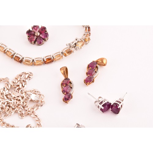 67 - A group of silver and gem set jewellery, to include a silver gilt and orange citrine line bracelet, ... 