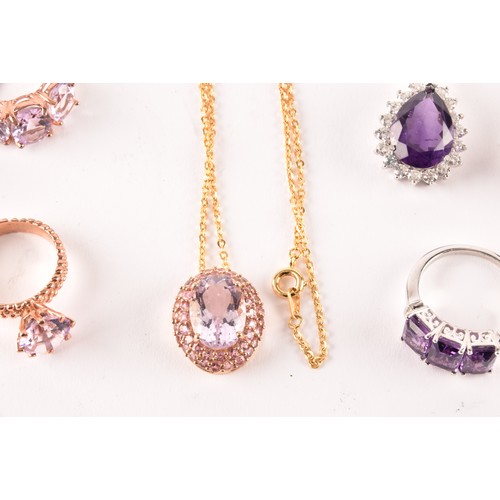 70 - A group of silver and amethyst jewellery items, including a pear-cut amethyst pendant, a chequerboar... 