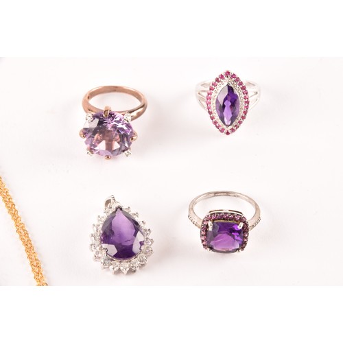 70 - A group of silver and amethyst jewellery items, including a pear-cut amethyst pendant, a chequerboar... 