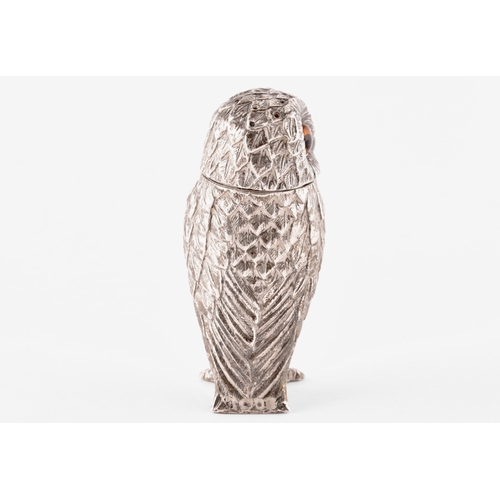 110 - A silver owl pepperette and a silver bird bird holder, owl has orange stone eyes and a detachable he... 