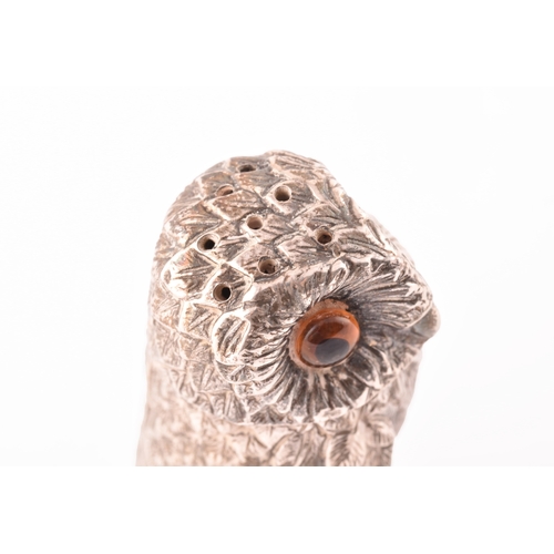 110 - A silver owl pepperette and a silver bird bird holder, owl has orange stone eyes and a detachable he... 