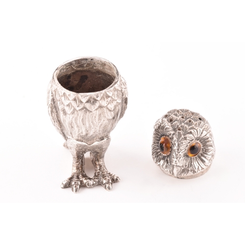 110 - A silver owl pepperette and a silver bird bird holder, owl has orange stone eyes and a detachable he... 