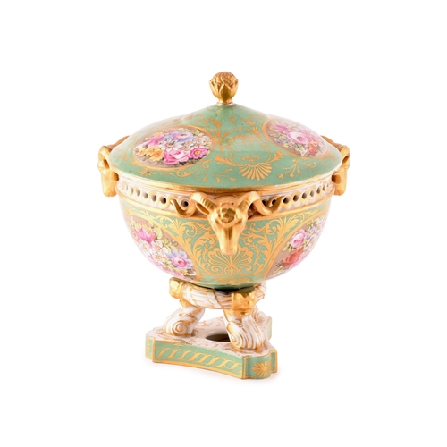 223 - A 19th century Derby porcelain urn and cover, the green ground with panels of painted flowers, with ... 