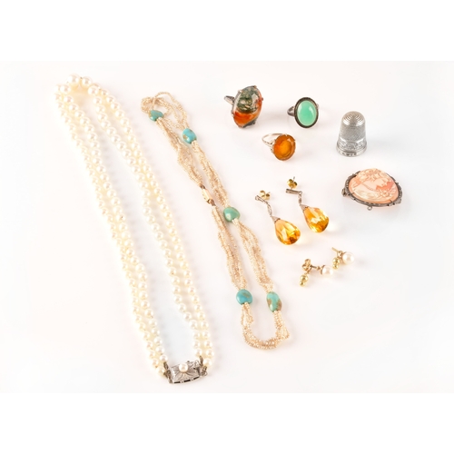 16 - A pair of pearl and yellow metal earrings, along with a collection of costume jewellery to include t... 