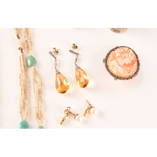 16 - A pair of pearl and yellow metal earrings, along with a collection of costume jewellery to include t... 