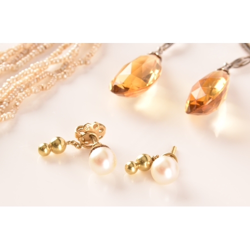 16 - A pair of pearl and yellow metal earrings, along with a collection of costume jewellery to include t... 