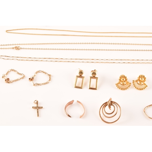 8 - Collection of yellow metal items, to include four chains, three pairs of earrings, a cross pendant a... 