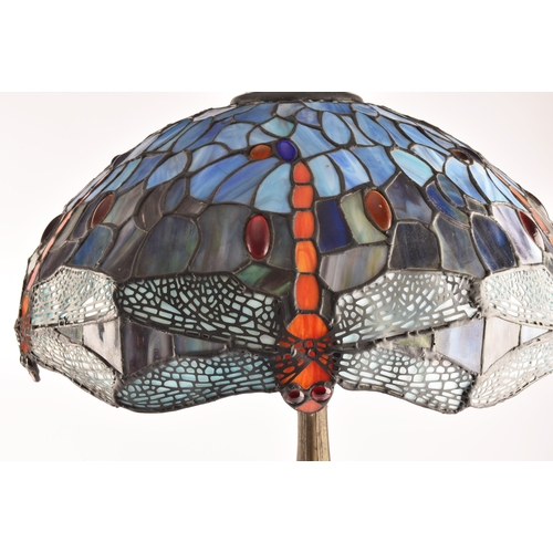 250 - Two Tiffany style coloured led glass table lamps, one decorated with dragonflies measuring 62 cm, th... 