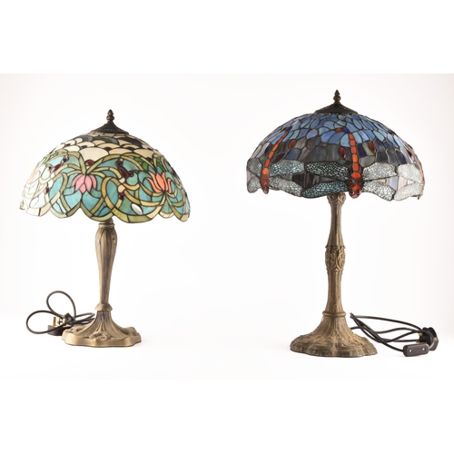 250 - Two Tiffany style coloured led glass table lamps, one decorated with dragonflies measuring 62 cm, th... 