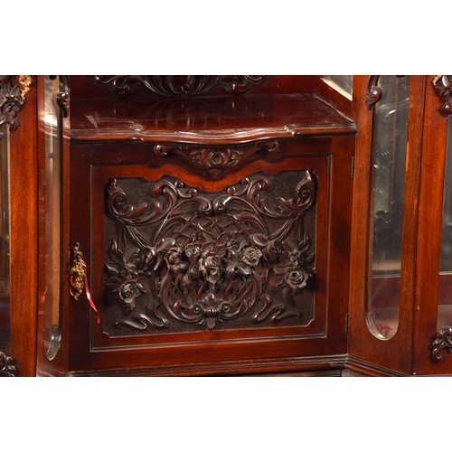 283 - A 19th century carved mahogany display cabinet, the mirrored back with elaborate carved and scrolled... 