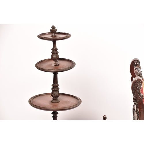 284 - A small group of furniture including a three tier mahogany cake stand with tripod base, a Victorian ... 